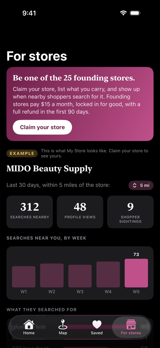My Store dashboard showing searches nearby within a chosen radius, profile views, sightings, and searches by week