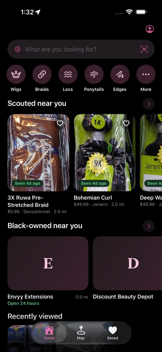 Glam Scout home screen: search, ways in by style, products scouted near you, and Black-owned stores
