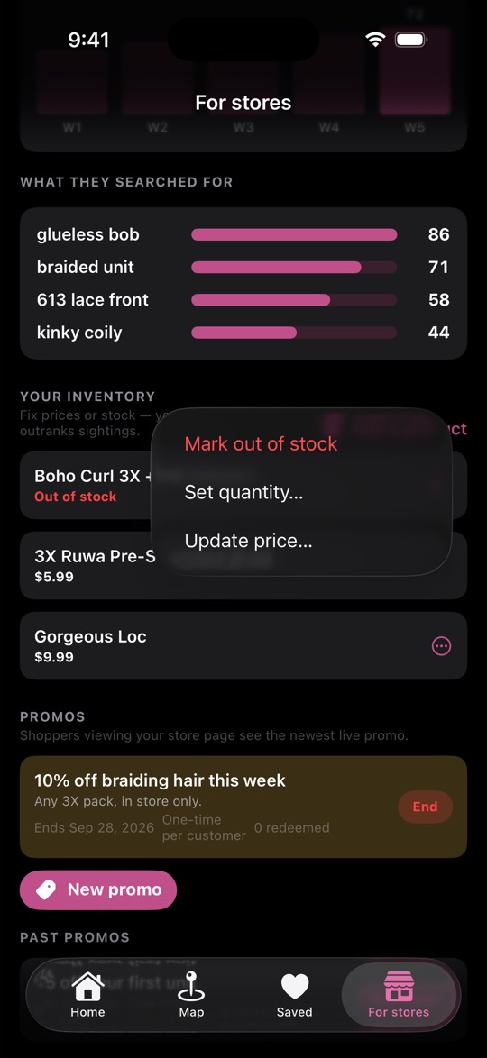 Your inventory list with a product's actions: mark out of stock, set quantity, update price