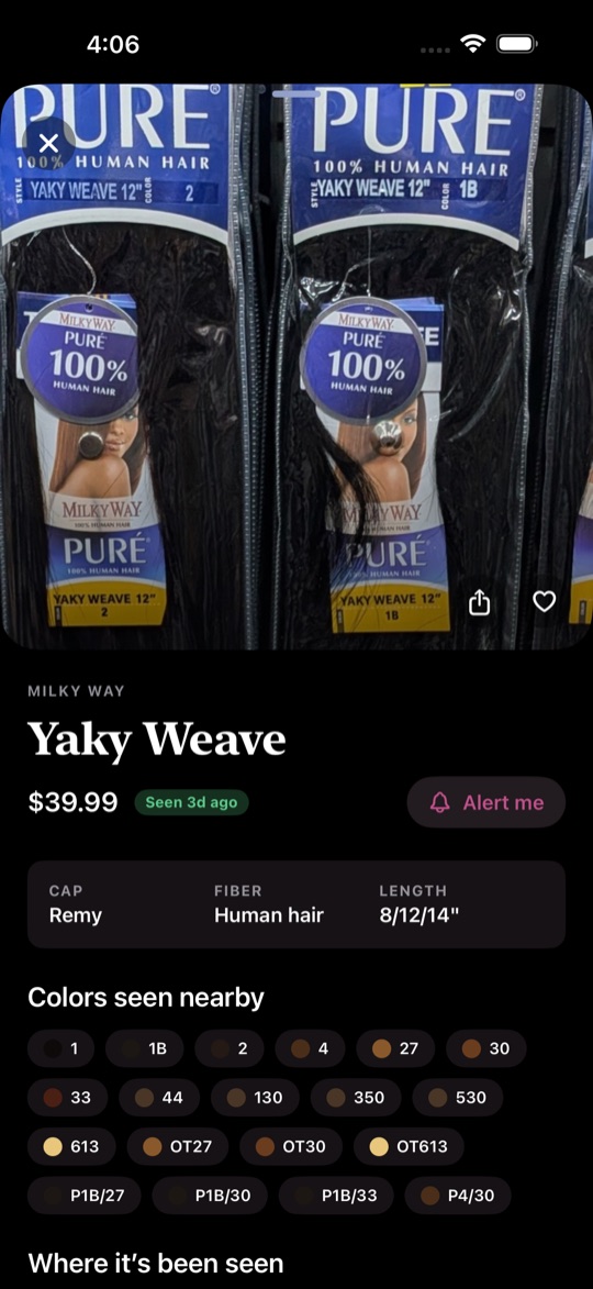 A product page with the pack photo, price, freshness, colors seen nearby, and an alert button