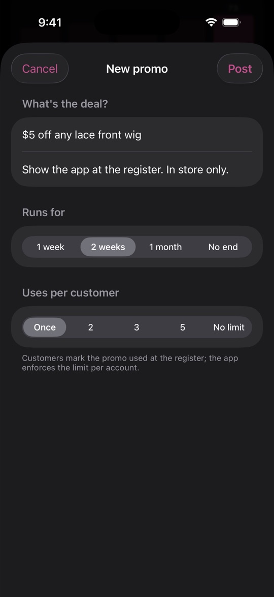The New promo form with a deal, a run length, and uses per customer