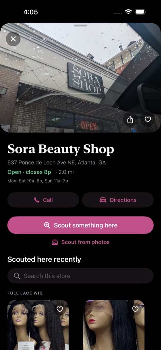 A store page with the storefront, open hours, call and directions, and the shelf as photo cards